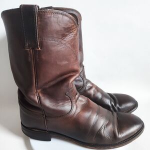 Justin Mid-Calf Leather Sole Pull-On Brown Cowboy Boots Mens Size 8 D Western